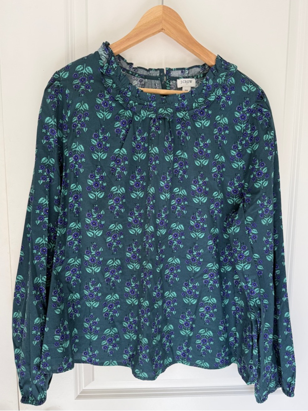 J.Crew 2X Blue Green Floral Cottagecore Ruffle Neck Blouse